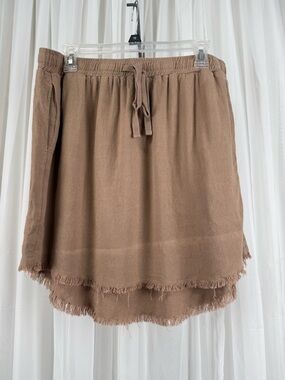 Umgee Linen Blend Skirt L Tan Boho Fringe Elastic Waist Pockets